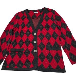 Retro Preppy Stuart Alan Cardigan W Petite Red Argyle V-Neck Button Front USA